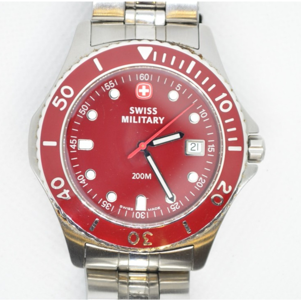 Swiss Military Mens Watch 095-1674 Red Dial Stainless Steel Quartz Fresh Battery